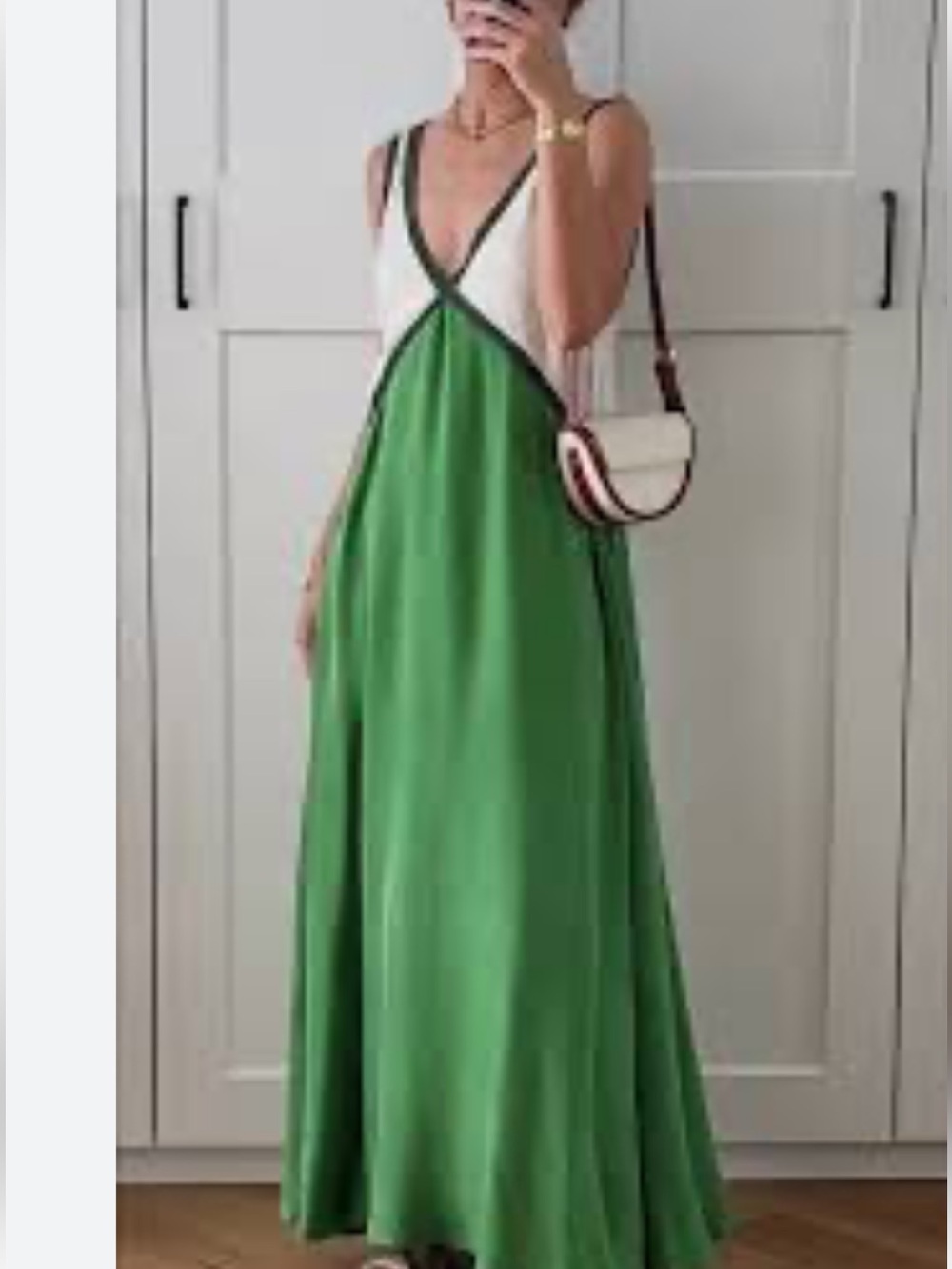 Sancia Green and Cream V-Neck Maxi Slip Dress with Black Trim